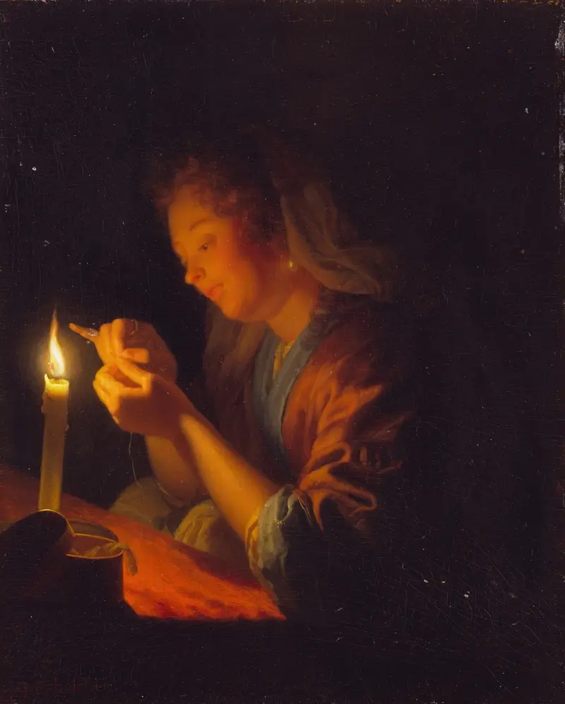 Girl threading a Needle by Candlelight av Godfried Schalcken