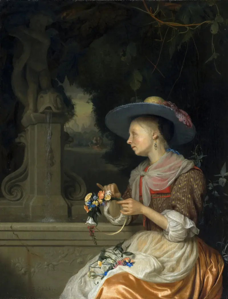 Kvinna som flätar en blomsterkrans av Godfried Schalcken