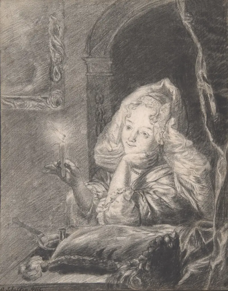 Ung kvinna sittande vid ett bord med ett ljus av Godfried Schalcken