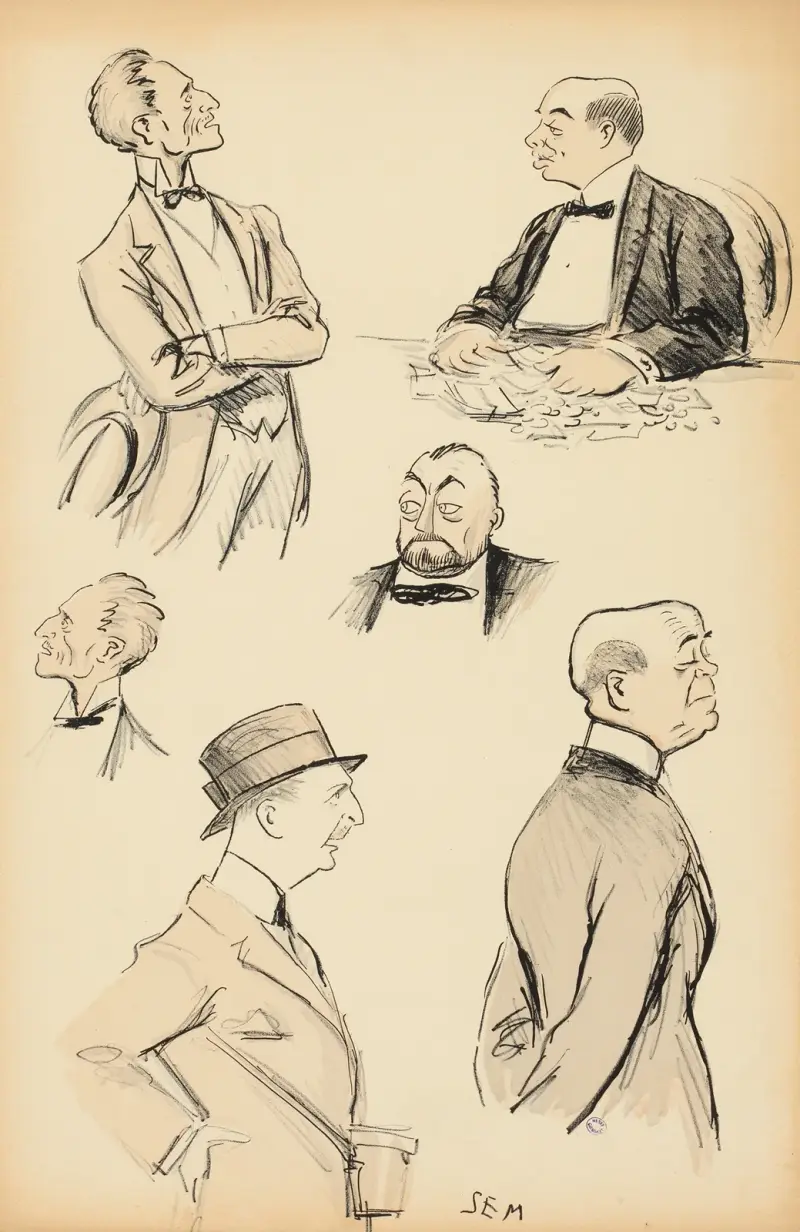 6 croquis ; têtes ou bustes de cinq messieurs av Georges Goursat (Sem)
