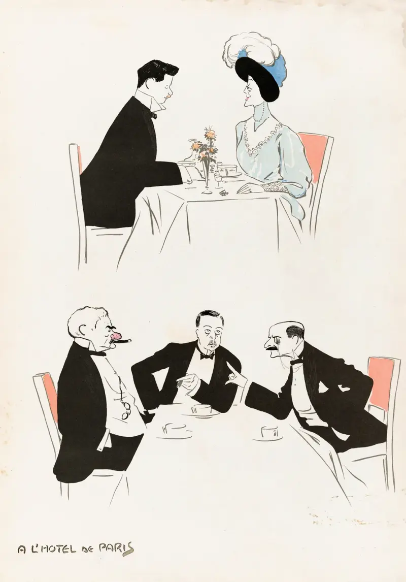 A L’Hotel de Paris (two tables, one with J. P. Morgan av Georges Goursat (Sem)