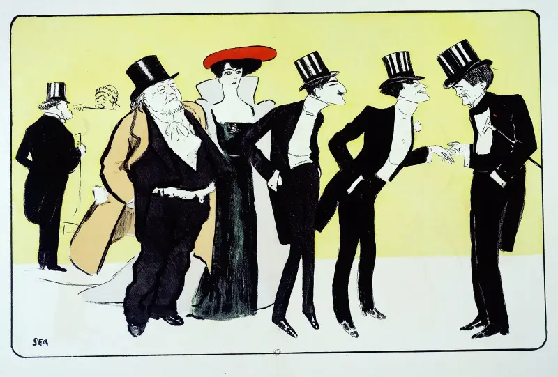 Arthur Meyer, M et MMe Catulle Mendès, Leoneto Capiello, Francis de Croisset, Paul Hervieu von Georges Goursat (Sem)