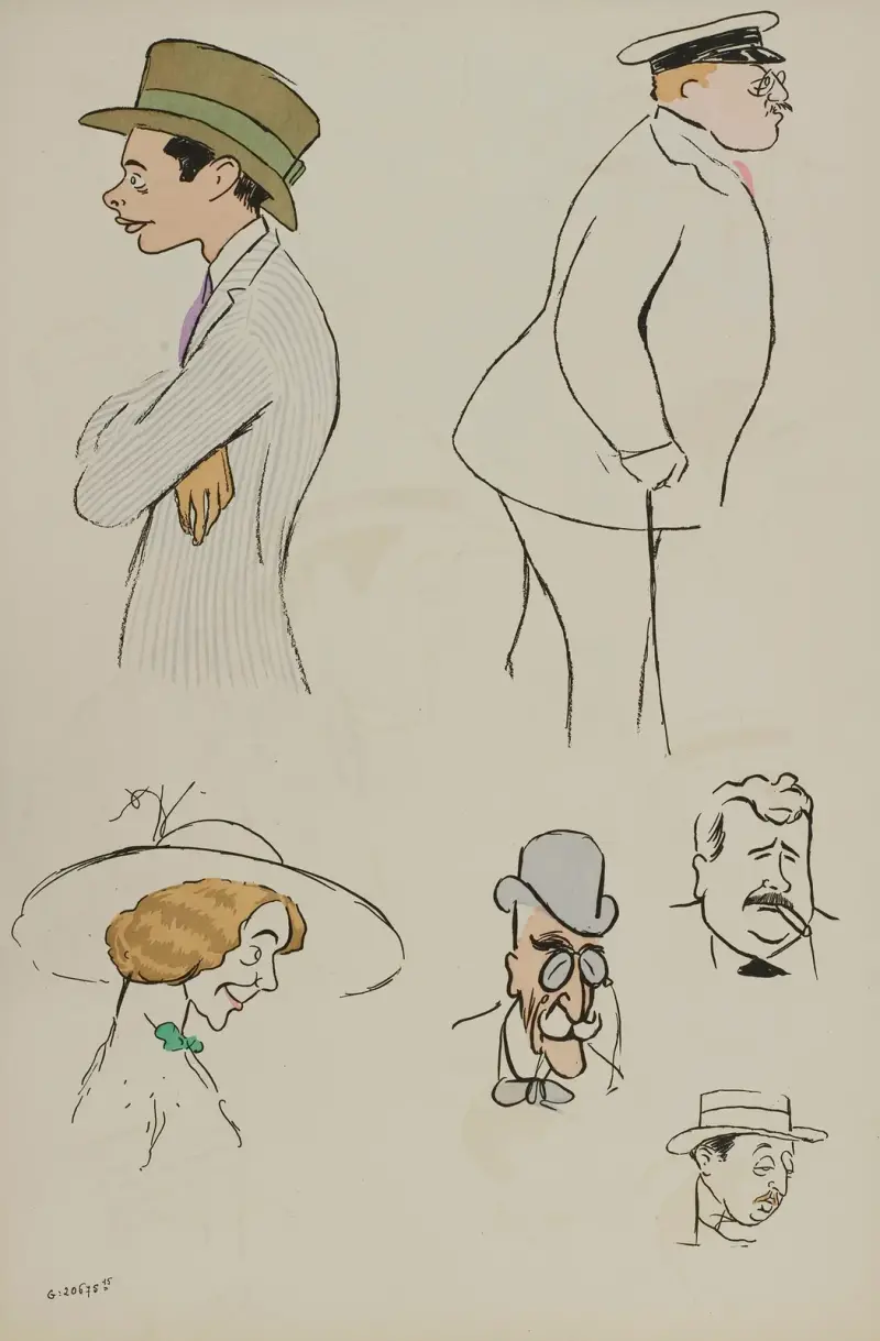 Baron Hubert Lejeune, M de Villeroy, Mme charron, MM Jacques et James Hennessy, inconnu av Georges Goursat (Sem)