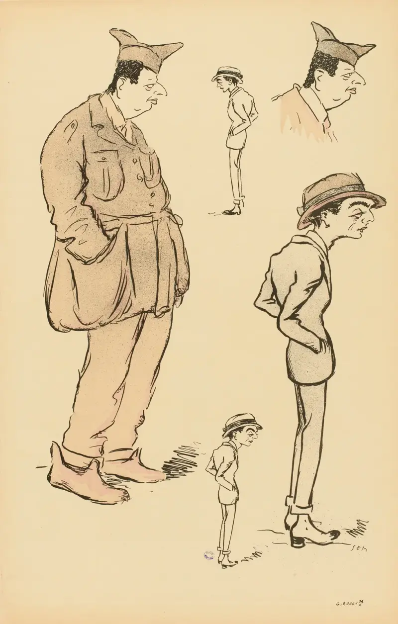 Fünf Skizzen zweier Figuren, darunter Maurice de Rothschild in Militäruniform von Georges Goursat (Sem)