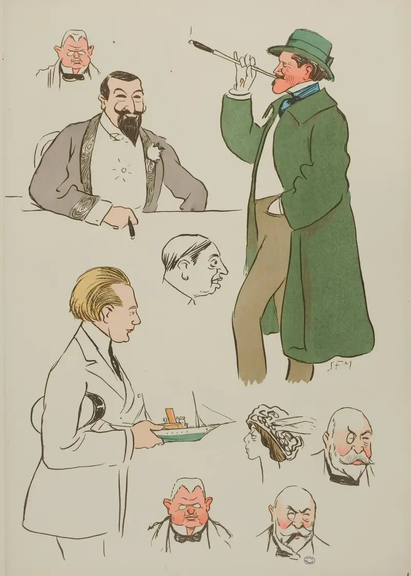 Ferdinand de Bulgarie, lord anglais, M. Kohn, M. Schwab, sosie d’Edouard VII av Georges Goursat (Sem)