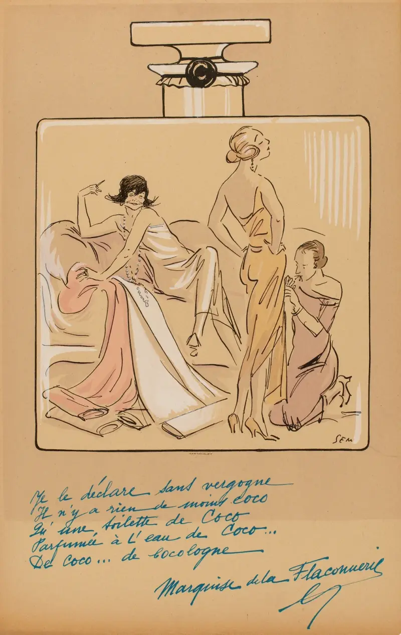 Parfumflasche, Coco Chanel von Georges Goursat (Sem)