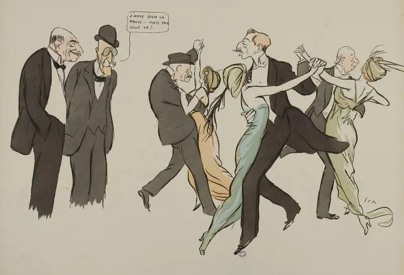 J’aime bien la danse…mais celle-là !; Comte Napoléon Gourgaud, J Hennessy, M Ephrussi, Baron E de Rothschild, comte B de Valon av Georges Goursat (Sem)