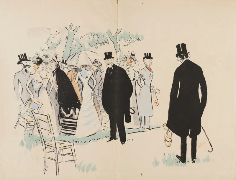 Princ Troubetzkoy, baronka Alphonse de Rothschild, baron Gustave de Rothschild, markýz Boni de Castellane, pan Emile Deschamps, Georges Goursat (Sem)