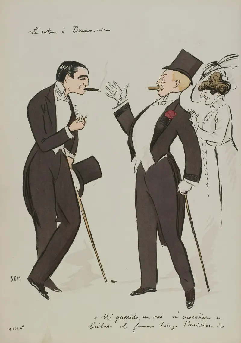 Le retour à Buenos Aires ; Carlos Gardel, Boni de Castellane, Melle Iznaga av Georges Goursat (Sem)