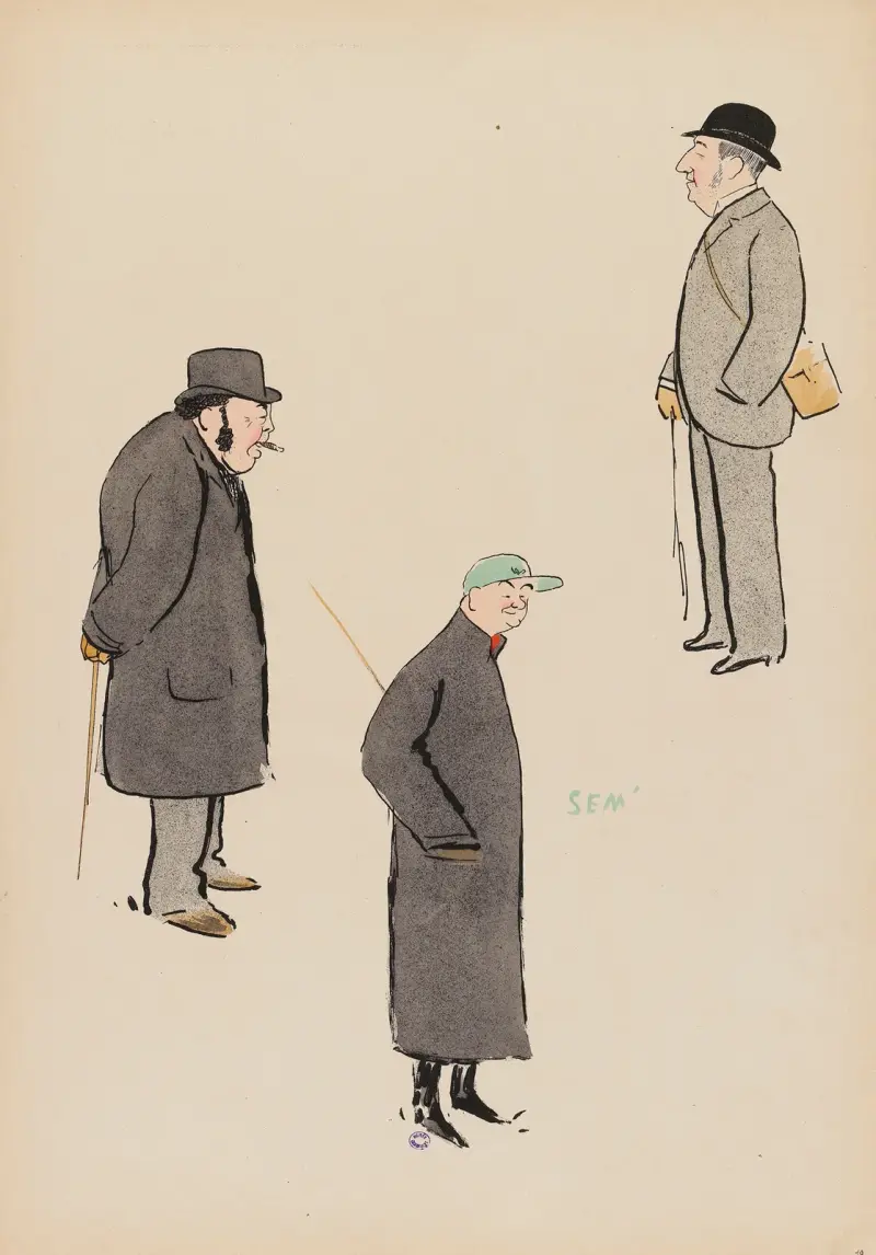L’entraîneur Levis, M. Harper et M. Basdan, jockey av Georges Goursat (Sem)