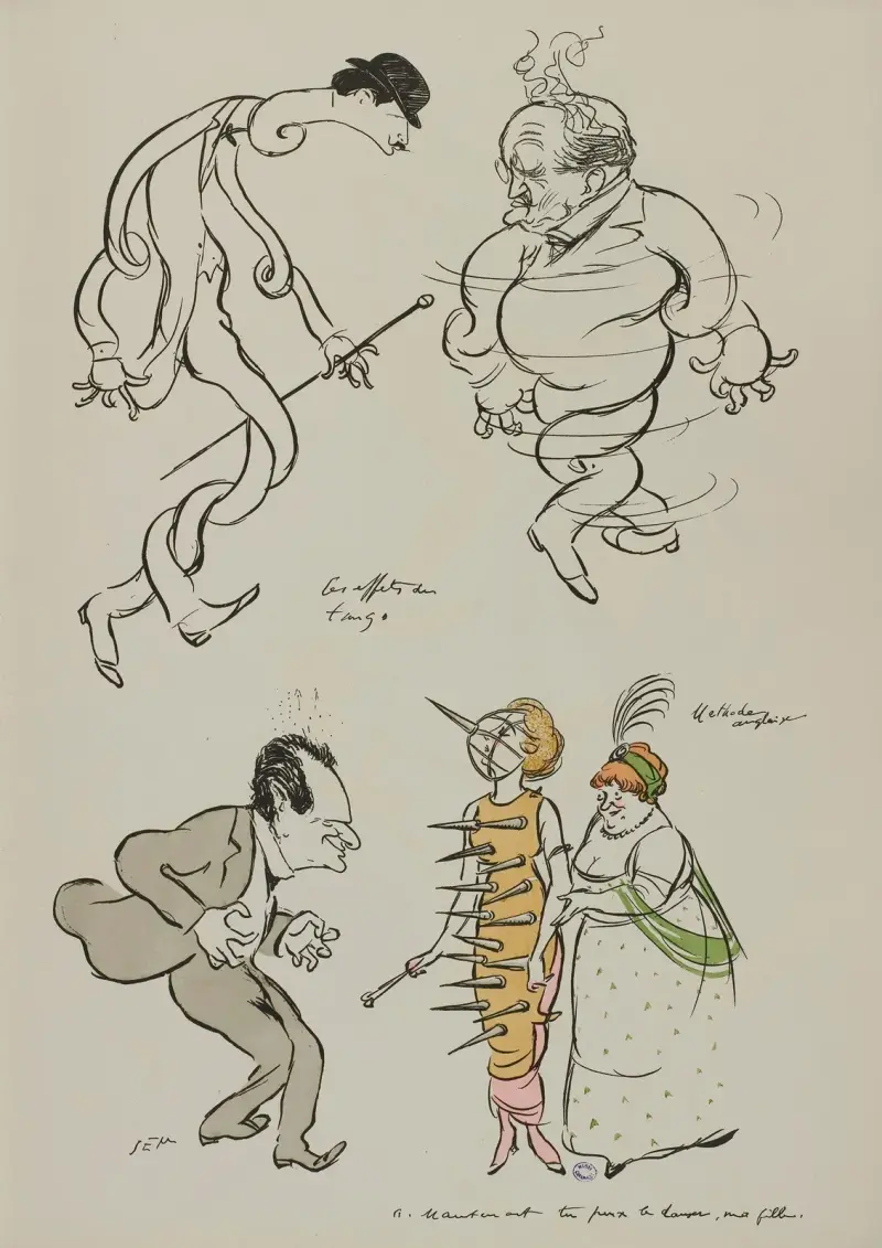 Les effets du tango ; Félix Oppenheim, Boldini, Raoul de Gunsbourg av Georges Goursat (Sem)