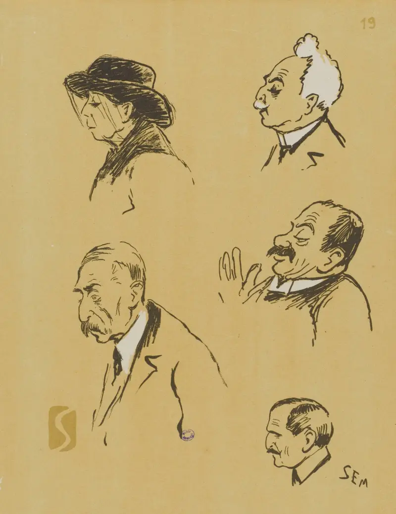 Madame Panon, M. Panon, M. de Fontgalland, le chauffeur Alexandre et M. de Lostalot av Georges Goursat (Sem)