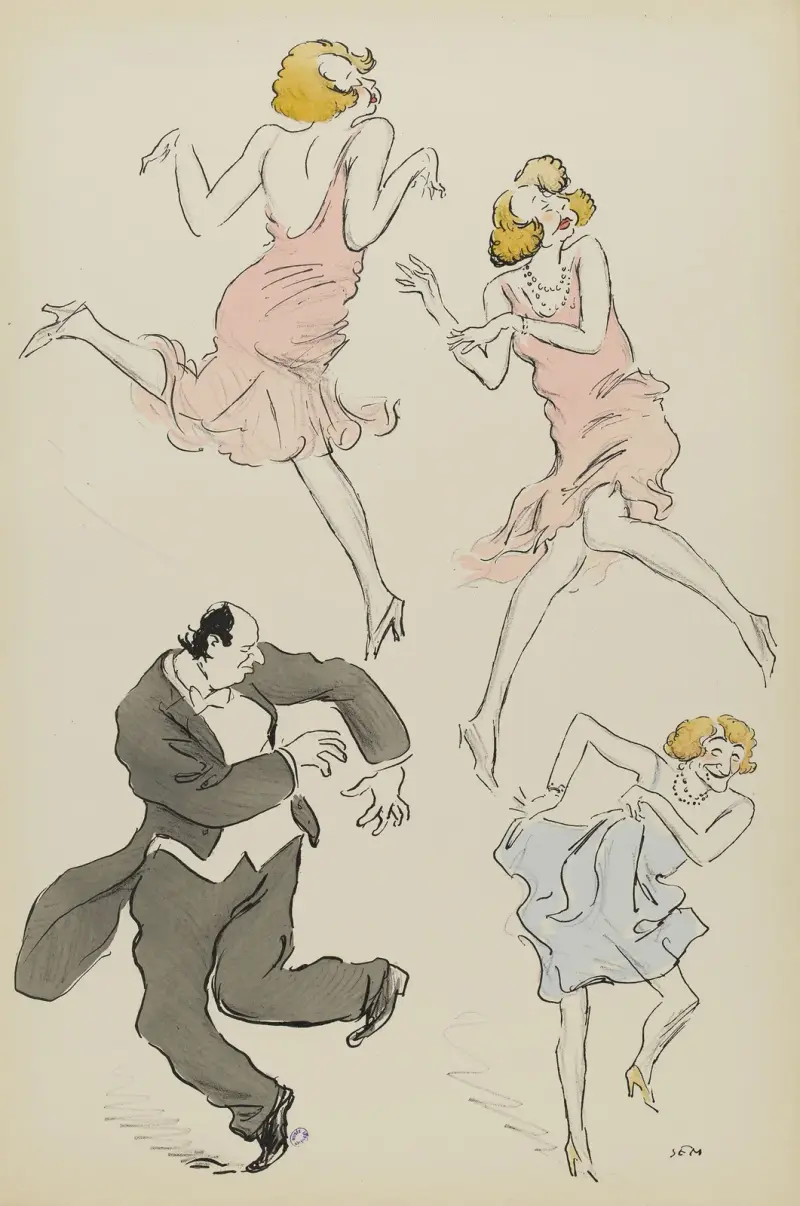 Maurice de Rothschild, Cécile Sorel in Blau und eine weibliche Figur in Rosa von Georges Goursat (Sem)