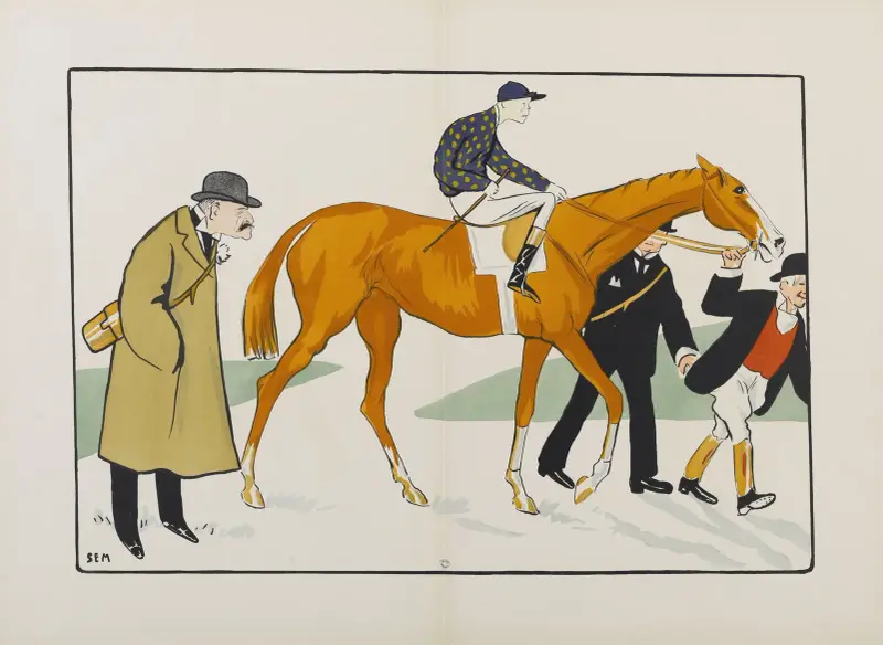 Maurice Ephrussi, le jockey Rigby et l’entraîneur Carter av Georges Goursat (Sem)
