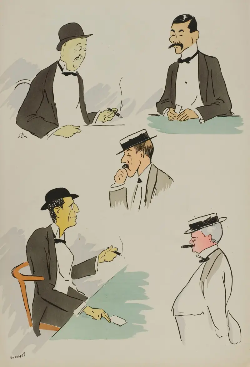 Michel Marghilomann, japonais, Me Poulet, Baron James de Rothschild, William K. Vanderbilt av Georges Goursat (Sem)