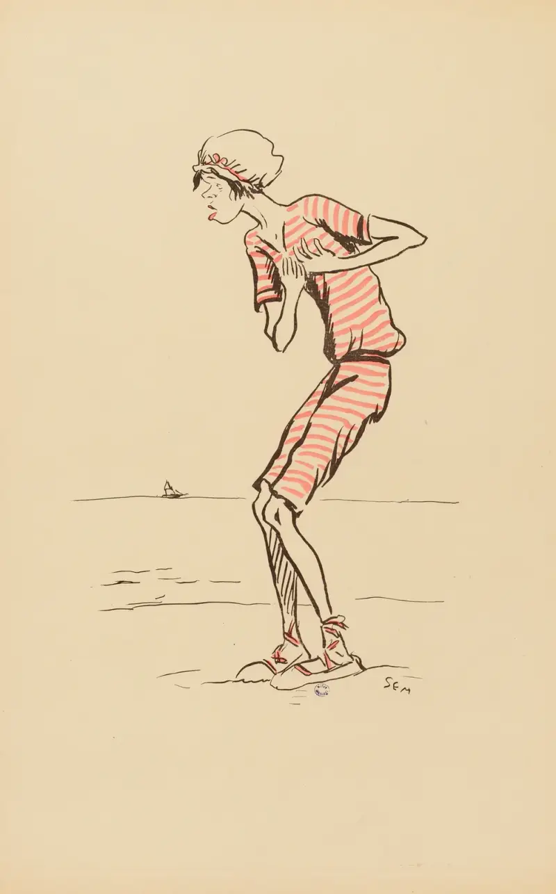 Mme Brighton på strand i badkläder av Georges Goursat (Sem)