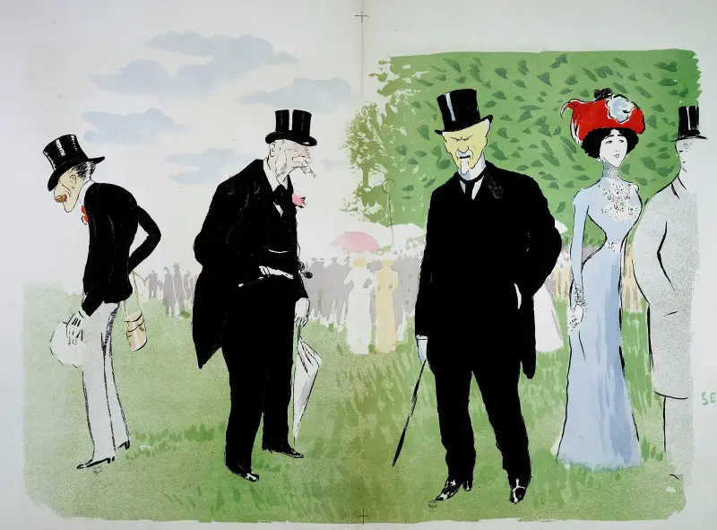 Monsieur Bamberger (le père), le Baron Alphonse de Rothschild, Monsieur Henri de Rochefort et Lina Cavalieri, cantatrice av Georges Goursat (Sem)