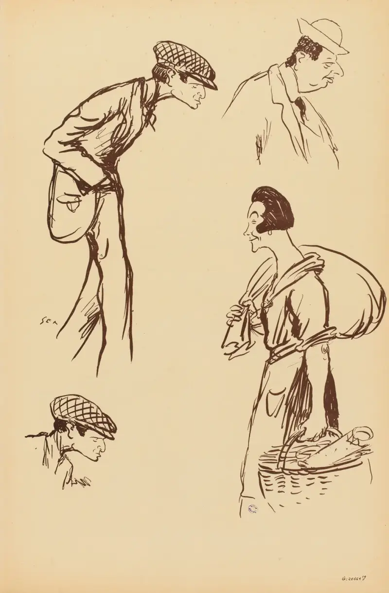 Personnage non identifié dessiné deux fois, Maurice de Rotschild, l’abbé Mugnier av Georges Goursat (Sem)