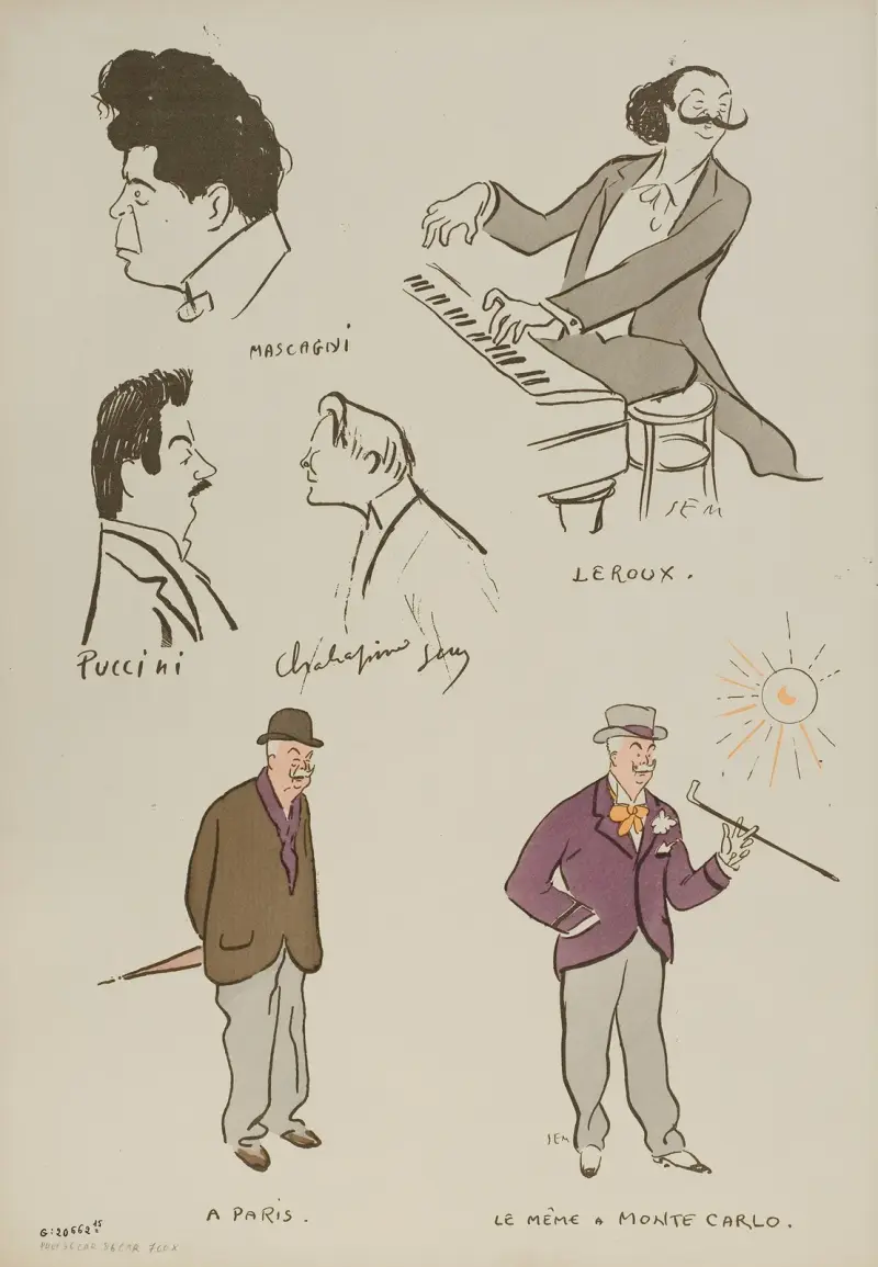 Pietro Mascagni, Xavier Leroux, Giacomo Puccini, Feodor Chaliapine, Enrico Caruso et autres personnages av Georges Goursat (Sem)