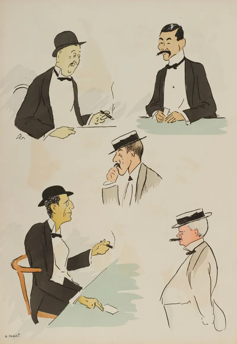 Porträtt av M Marghiloman, baron A de Rothschild, Vanderbilt, en japan av Georges Goursat (Sem)