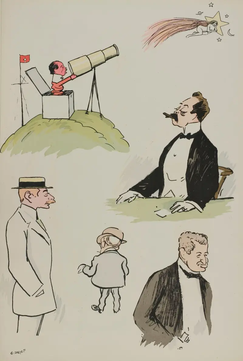 Santos-Dumont, Joël Sol, Prince Toussoun, Boldini, baron Lionel de Rothschild av Georges Goursat (Sem)