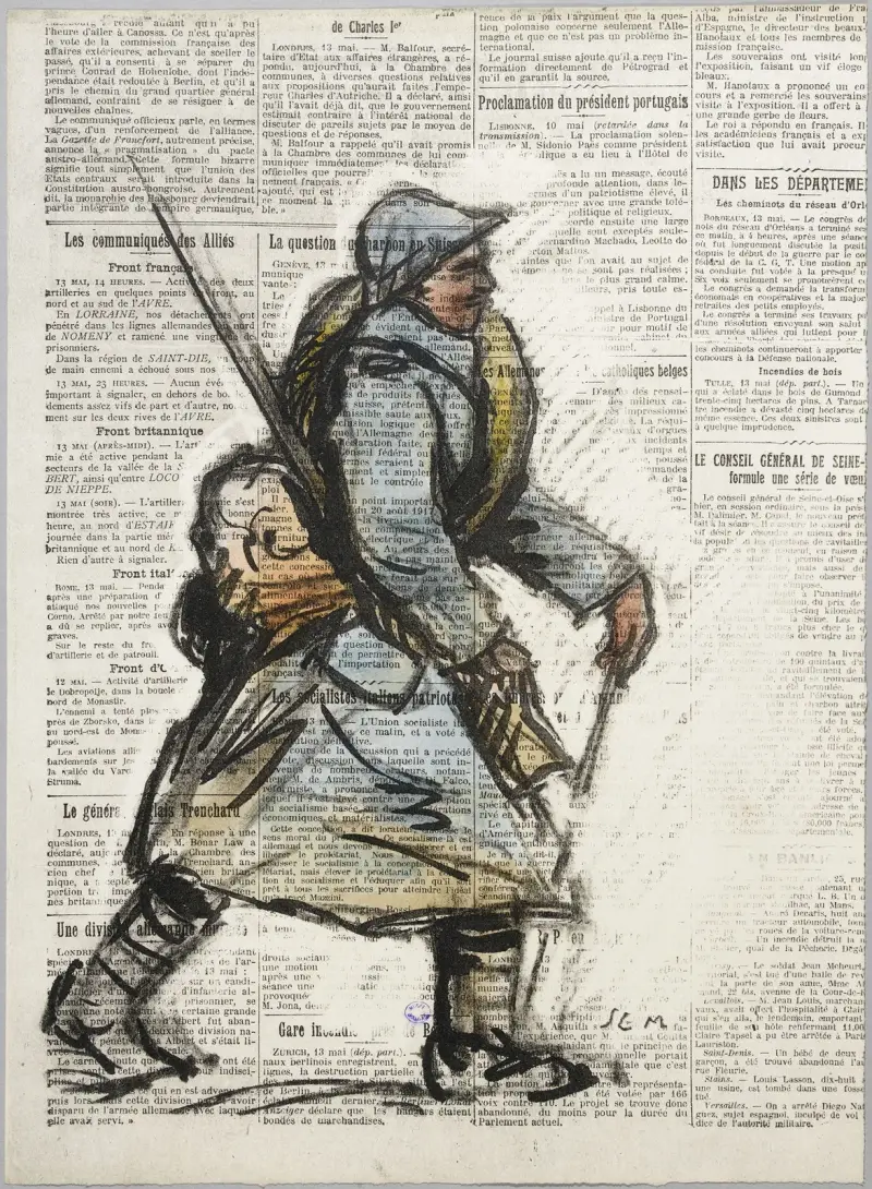 Soldat som marscherar åt höger mot tidningspappersbakgrund av Georges Goursat (Sem)
