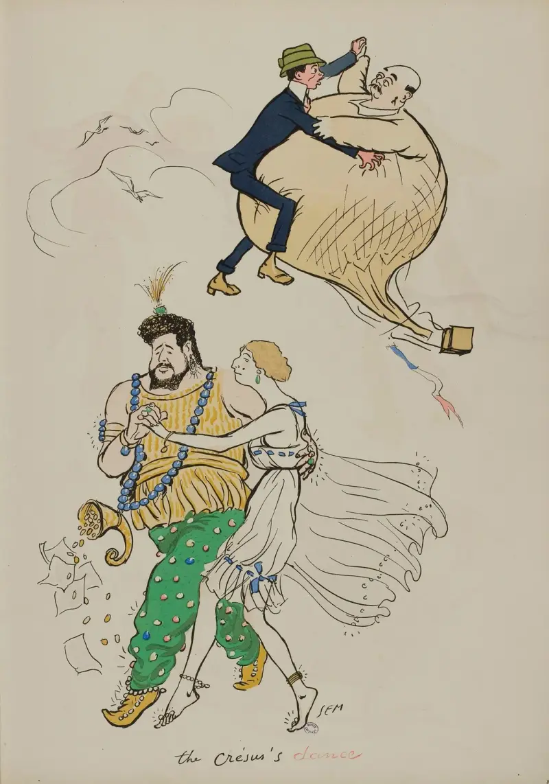 Der Tanz des Crésus; Santos-Dumont, Bernheim, Baron Henri de Rothschild, Gabrielle Dorziat von Georges Goursat (Sem)