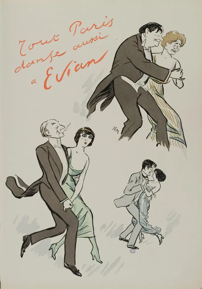Tout Paris danse aussi à Evian ; M de Feraudy, Melle Carlier, A Messager, Eve Lavallière, M Dearly, Regina Badet av Georges Goursat (Sem)