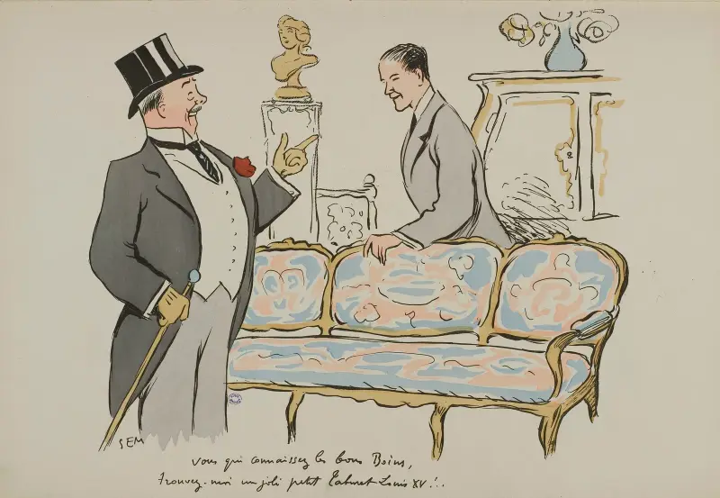 Vous qui connaissez les bons Boins, trouvez-moi un joli petit tabouret Louis XV ! av Georges Goursat (Sem)