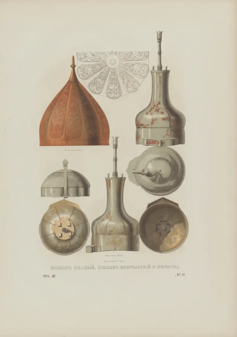 Copper shishak, Mongolian shishak, and misiurka av Fedor Grigoryevich Solntsev
