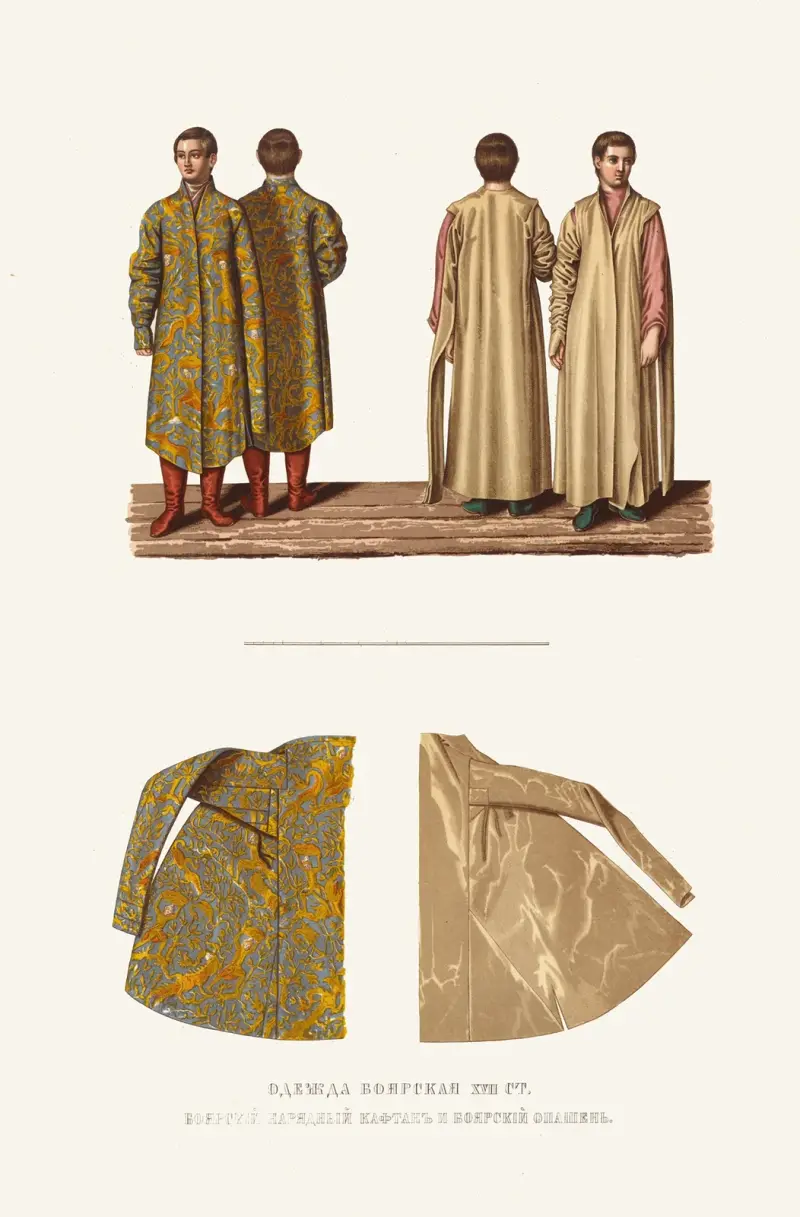 Russische Bojarenkleidung aus dem 17. Jahrhundert. Der festliche Bojarenkaftan und der Opaschen von Fedor Grigoryevich Solntsev