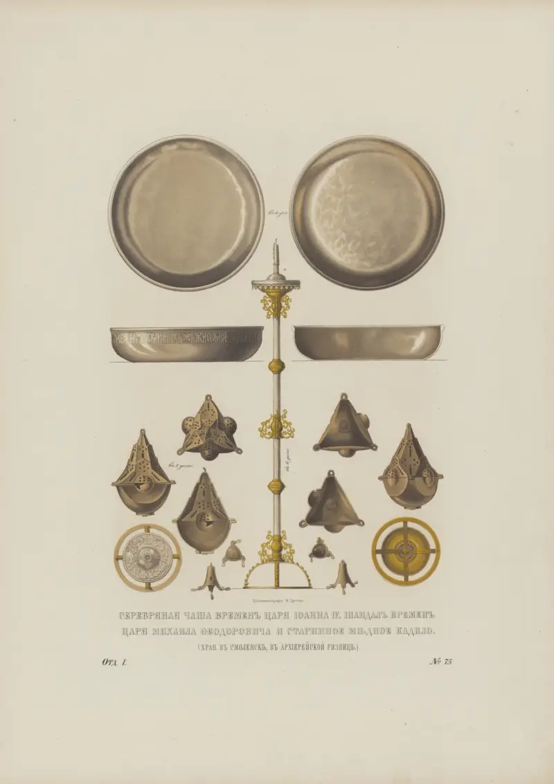 Silberbecher aus der Zeit von Zar Ioann IV. Leuchter aus der Zeit von Zar Michail Feodorowitsch und altes Kupfer-Weihrauchgefäß von Fedor Grigoryevich Solntsev