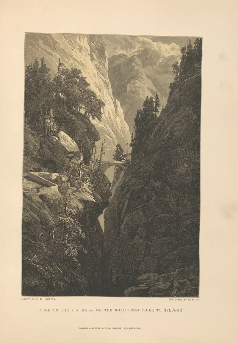 E. T. Compton – Scene on the Via Mala, on the Road from Coire to Spliigen av Theodor Gsell Fels