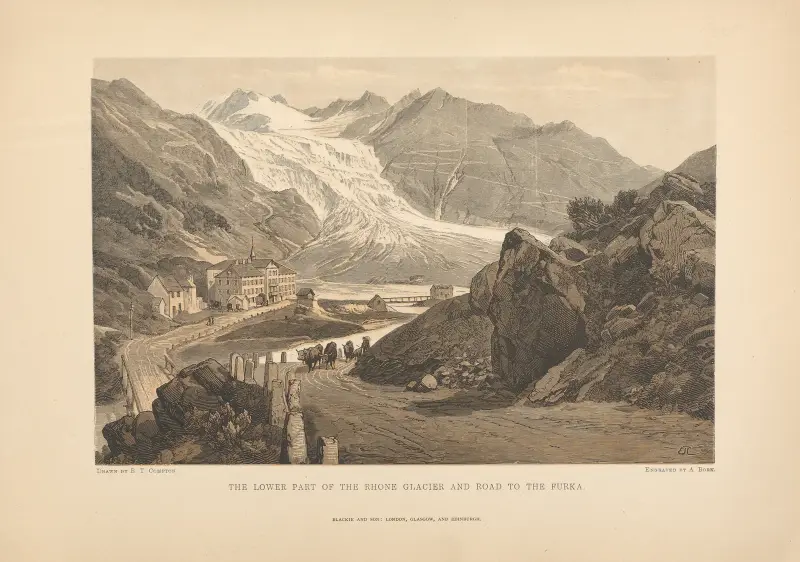 Der untere Teil des Rhonegletschers und die Straße zum Furkapass von Theodor Gsell Fels