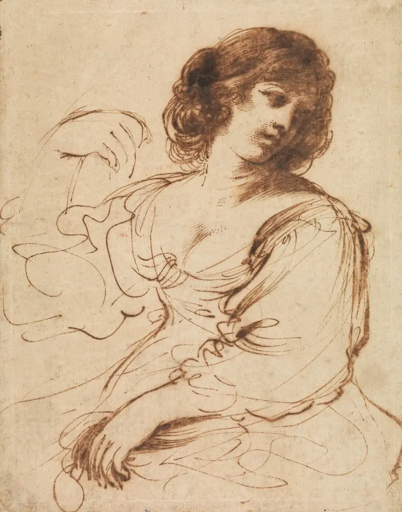 Sittande ung kvinna som ser sig över axeln av Guercino