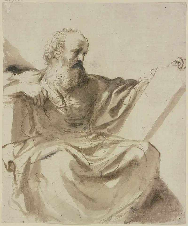 Skäggig sittande profet, läsande på en tavla, knästycke mot höger av Guercino