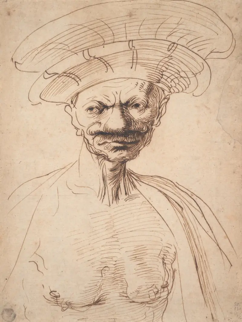 Karikatyrmålning av en man med stor hatt av Guercino