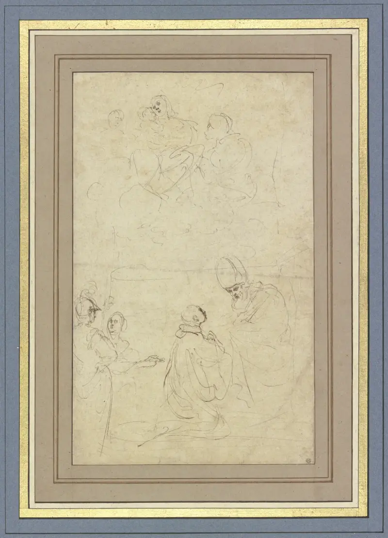 Die Muttergottes in Wolken, unten ein Geistlicher vor einem Bischof kniend, links ein Krieger und eine Frau av Guercino