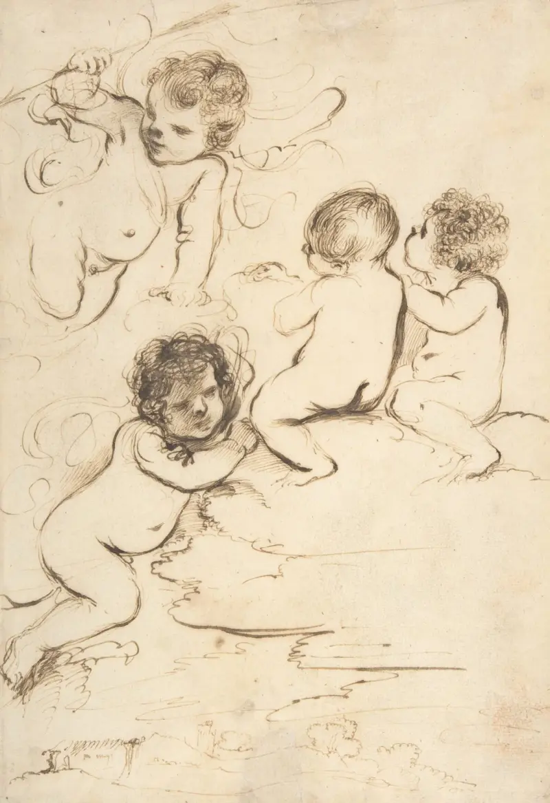 Fyra putti med båge och pilar på moln över ett landskap med ett torn av Guercino