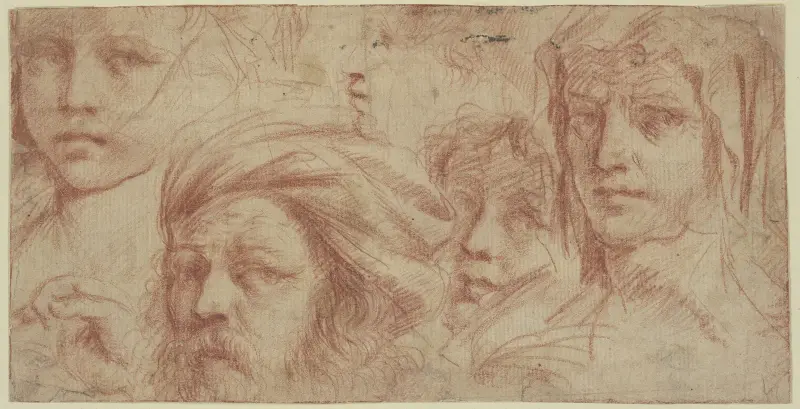 Fem olika huvuden, ett med turban, fyra med blicken riktad åt höger av Guercino