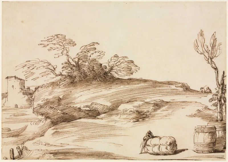 Landskap med en man som lutar sig mot en bal av Guercino