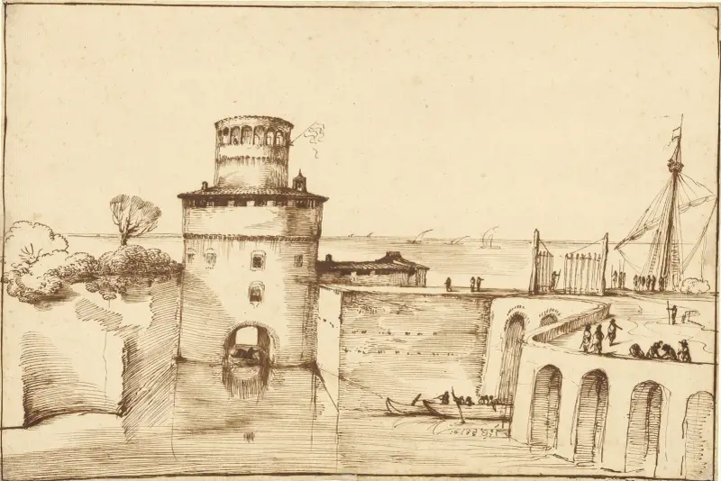 Landskap med utsikt över en befäst hamn av Guercino