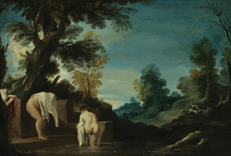 Krajobraz z kąpiącymi się kobietami, Guercino