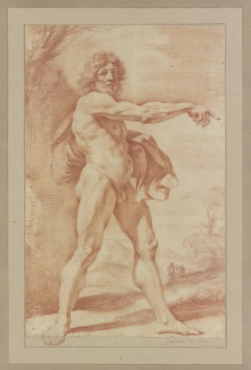 Naken man bärande ett plagg under armen, pekande åt höger av Guercino