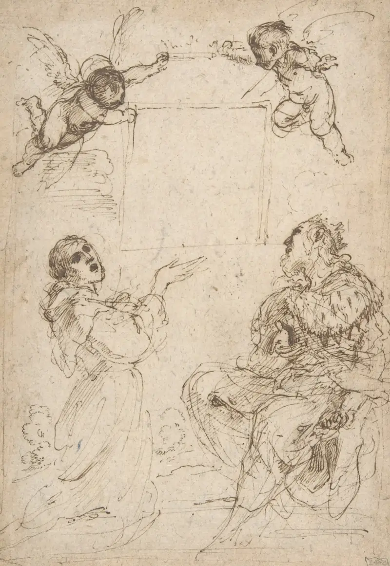 Svatý František z Assisi a svatý Ludvík Francouzský uctívají obraz Panny Marie, Guercino
