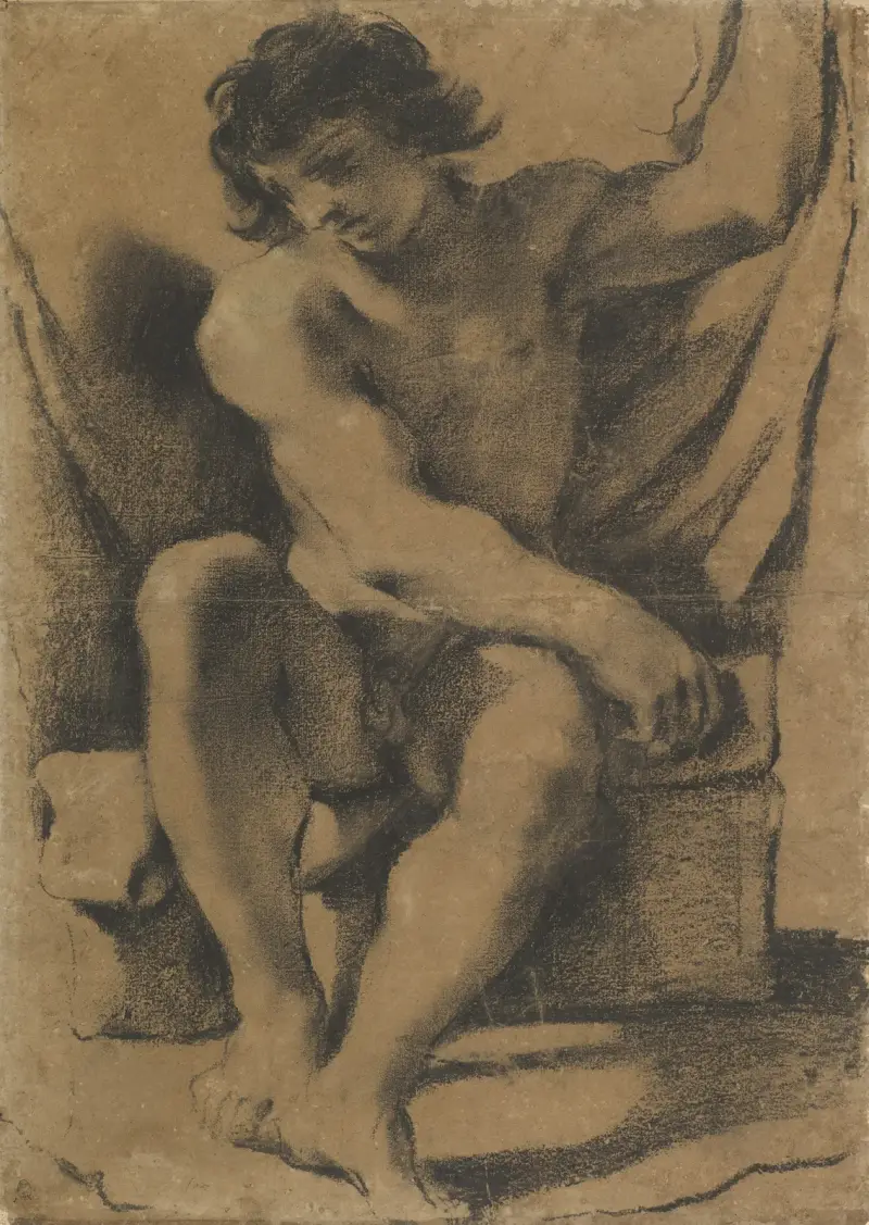 Sittande naken ung man i nästan frontal vy av Guercino