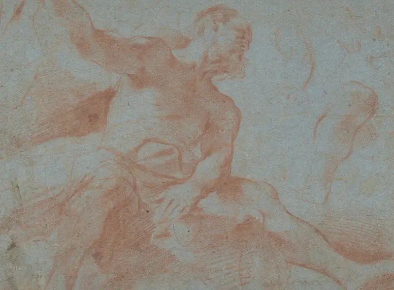 Sittande gubbe med höjd högerarm (Tithonus) av Guercino