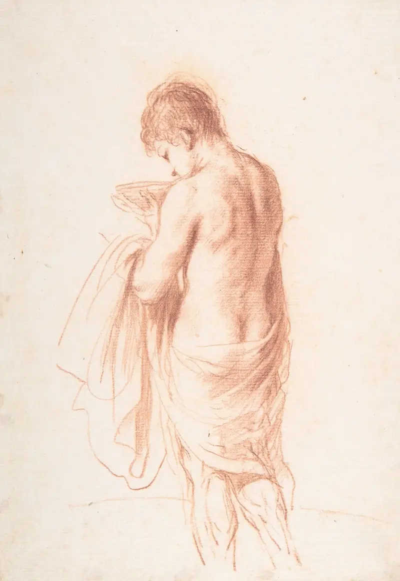 Stående yngling sedd bakifrån med en skål av Guercino