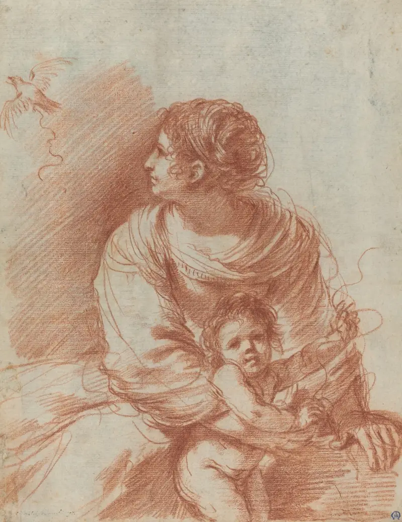 Madonnan och barnet med en undflugen steglits av Guercino