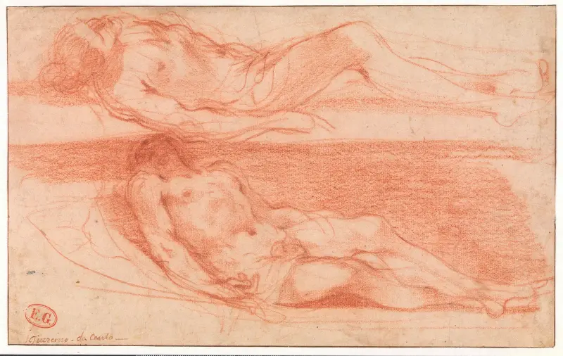 Två studier av en liggande naken mansfigur, Kristus av Guercino